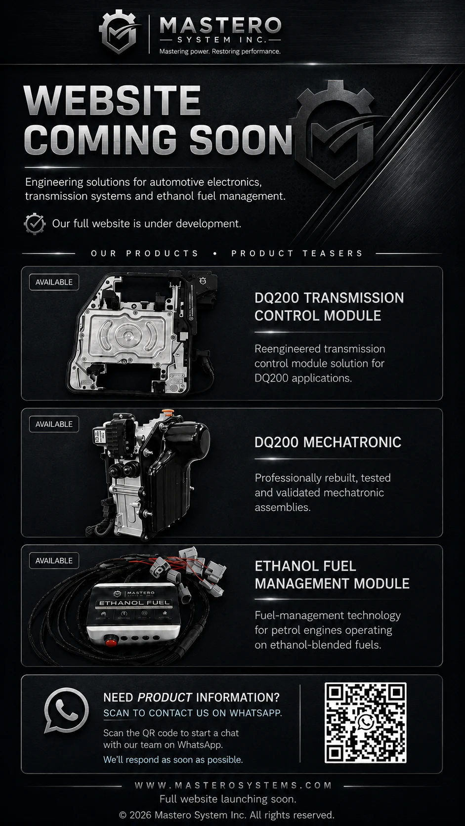 Mastero System Inc. website coming soon. DQ200 Transmission Control Module, DQ200 Mechatronic and Ethanol Fuel Management Module.
