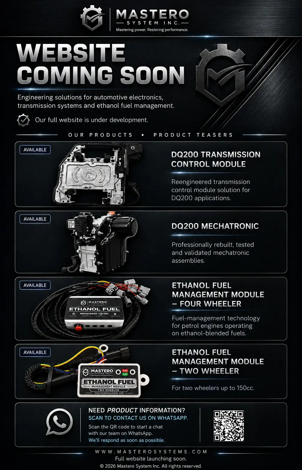 Mastero Systems website coming soon. Products shown: DQ200 Transmission Control Module, DQ200 Mechatronic, Ethanol Fuel Management Module for four wheelers, and Ethanol Fuel Management Module for two wheelers.