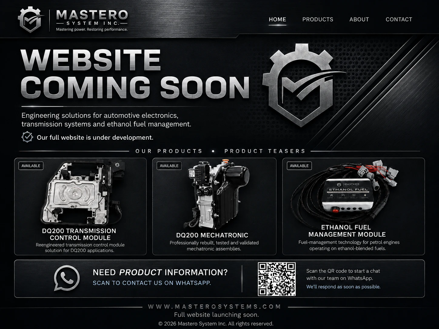 Mastero System Inc. website coming soon. DQ200 Transmission Control Module, DQ200 Mechatronic and Ethanol Fuel Management Module.