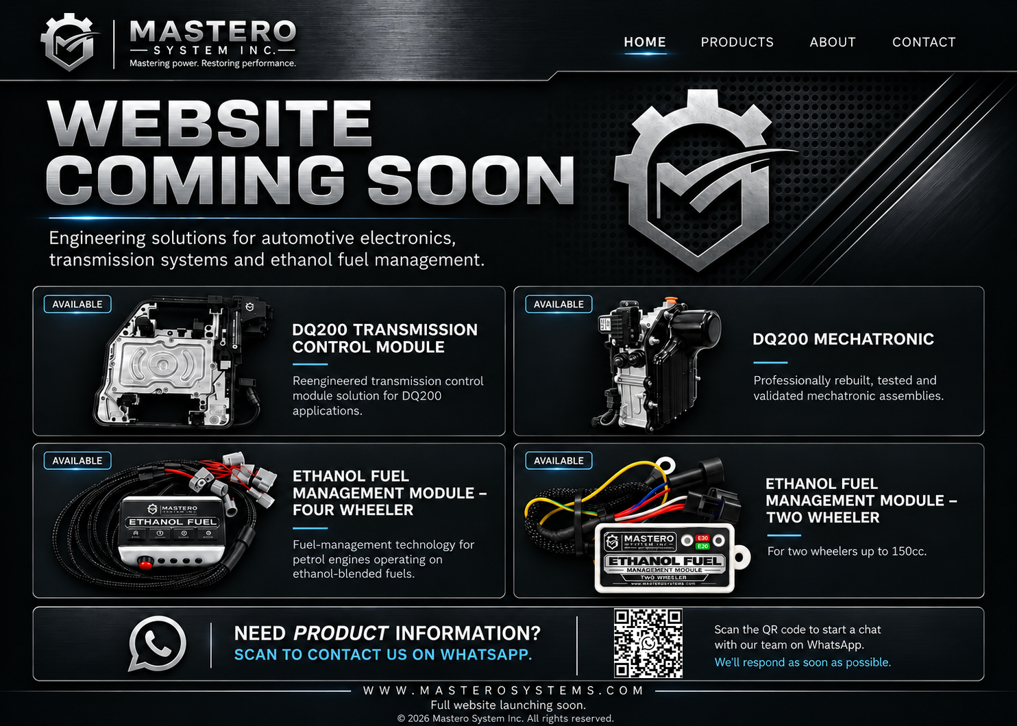 Mastero Systems website coming soon. Products shown: DQ200 Transmission Control Module, DQ200 Mechatronic, Ethanol Fuel Management Module for four wheelers, and Ethanol Fuel Management Module for two wheelers.